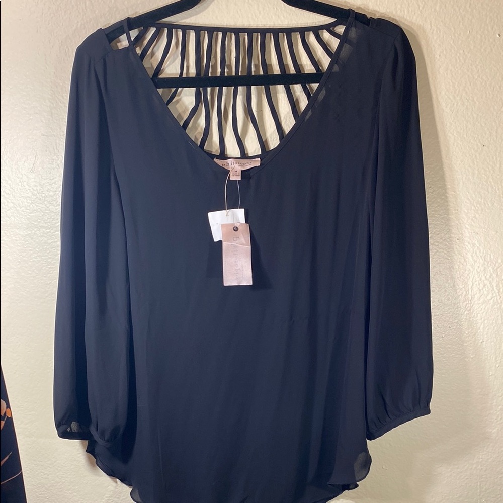 Navy Blue 3/4 Sleeve Backless Blouse